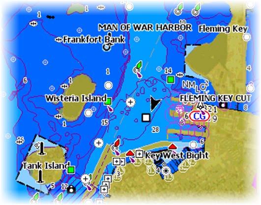 Säkerhetsdjup På Insight- och C-MAP-sjökort används olika toner av blå färg för att särskilja mellan grunt (ljusare skuggning)