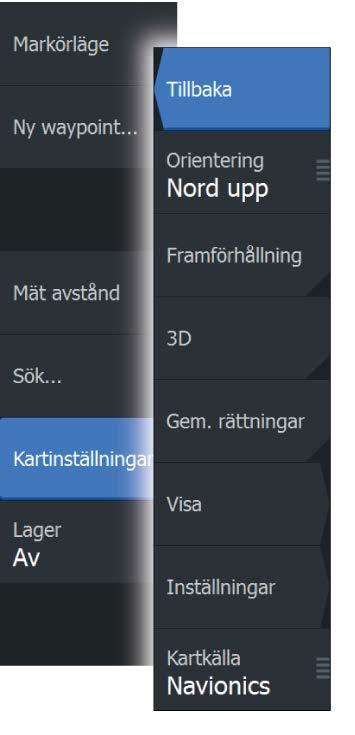 Specifika alternativ för Navionics-sjökort Orientering, Framförhållning, 3D och ändra Kartkälla (beskrivs tidigare i det här avsnittet) är gemensamma för alla typer av sjökort.