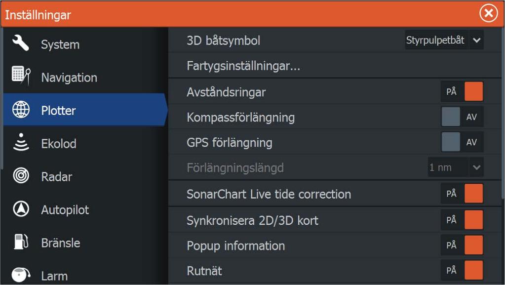 Plotterinställningar De inställningar och visningsalternativ du väljer på sidan med plotterinställningar gäller för samtliga plotterpaneler.