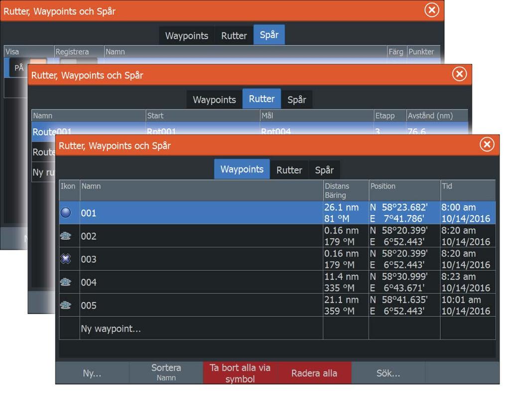 5 Waypoints, rutter och spår Dialogrutor för waypoints, rutter och spår I dialogrutorna för waypoints, rutter och spår har du tillgång till avancerade redigeringsfunktioner och inställningar för de