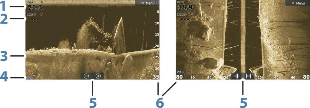 1 Djup Ú Notera: Mer information om hur djupavläsningen beror på inställningarna för Strukturdjup offset finns på "Strukturdjup offset" på sida 80 2 Temperatur 3 Botten 4 Frekvens 5 Ikoner för att
