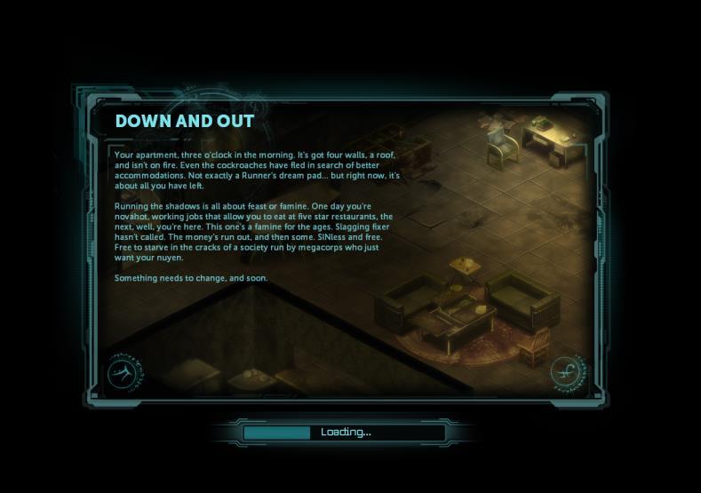 Figur 2 Introduktionssekvens i Shadowrun Returns (2013). Figur 3 Introduktionssekvens i artefakten. 5.3.2 Del 2, Karaktärsutformning Syftet med denna del är att låta spelaren välja sin bakgrund.