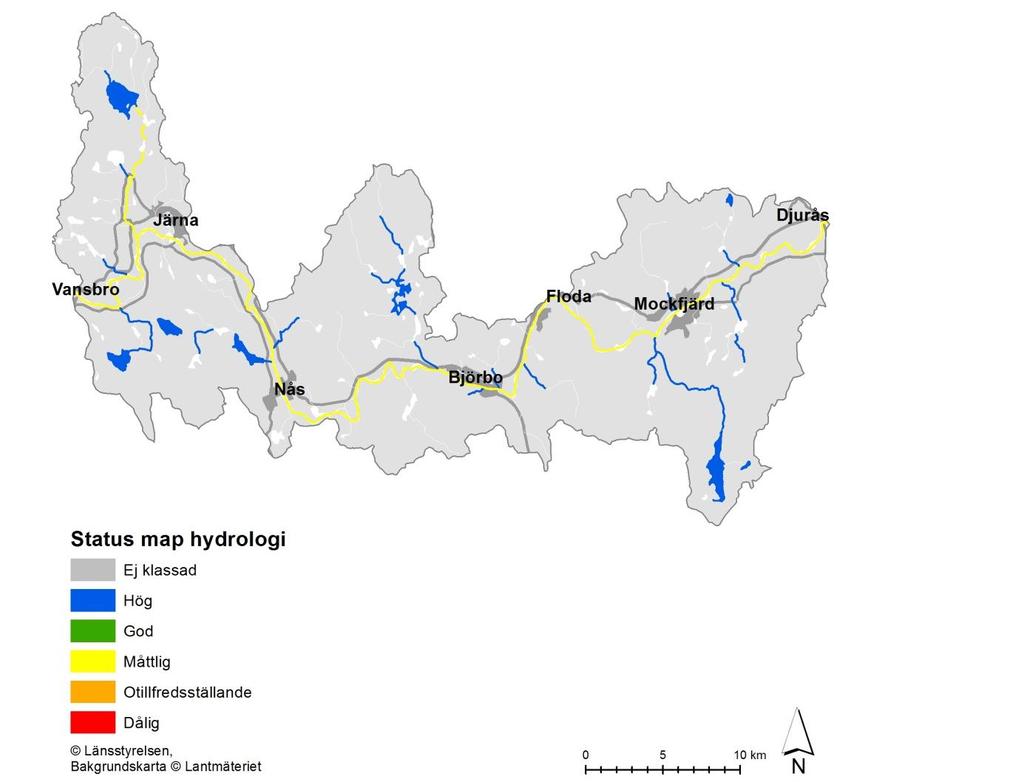 Figur 7. Bedömning av tillståndet (status) med avseende på hydrologisk påverkan för sjöar och vattendrag inom delområdet Västerdalälven mellan Djurås och Vansbro.