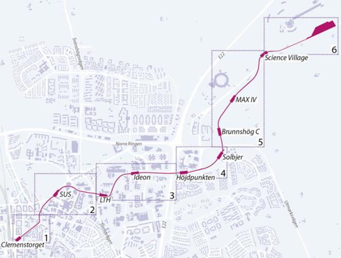 Spårväg Lund Linjedragning Sträckan är 5,5 km lång och planeras för 9 hållplatser.