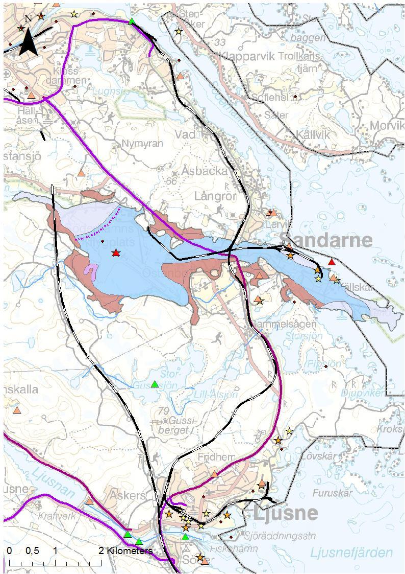 NV VicNatur Vattenskyddsområde - planerad - framtida Potentiellt förorenade områden EBH Riskklass/Preciserad status efter åtgärd ^_ 1 ^_ 2 ^_ 3 med enkelspår med dubbelspår Övrig järnväg under