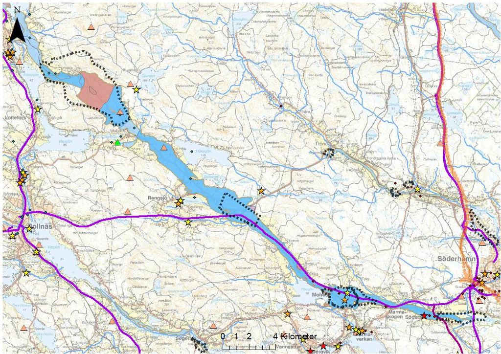 NV VicNatur Vattenskyddsområde - planerad - framtida Potentiellt förorenade områden EBH Riskklass/Preciserad status efter åtgärd ^_ 1 ^_ 2 ^_ 3 med enkelspår med dubbelspår Övrig järnväg under