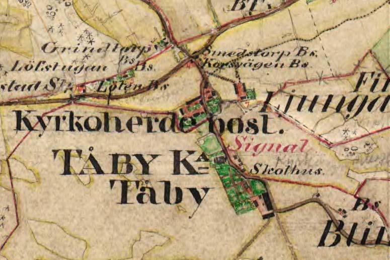 Utsnitt ur häradsekonomiska kartan 1868-77, Kuddby. Socknen Tåby är en medeltida sockenbildning och omnämns 1341 som Taby.