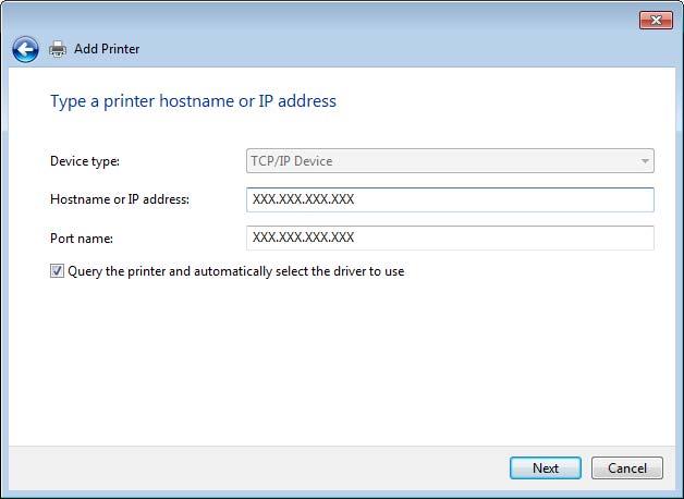Ange skrivarens IP-adress i Värddatornamn eller IP-adress eller Skrivarnamn eller IP-adress och klicka på Nästa. Ändra inte Portnamn.