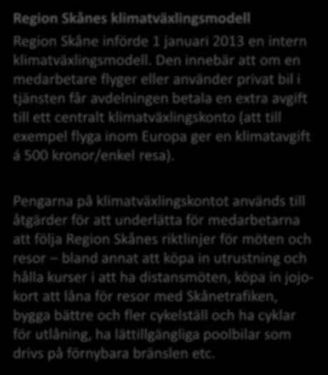 En del kommuner och landsting (till exempel Region Skåne, se ruta intill) har en egen klimatväxlingsmodell, där pengarna från klimatkompensationen används till åtgärder inom den egna organisationen.