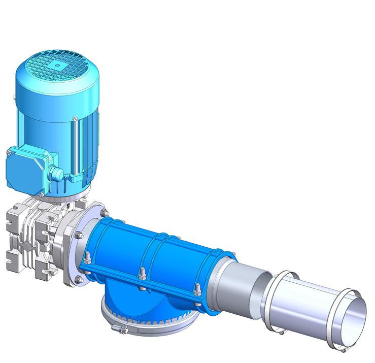 Elmotorn är flänsmonterad, 280 rpm och med en effekt anpassad till skruvens längd. Drivenheten ska placeras vid utloppsänden. 2.3 Böj för flex 75/90.