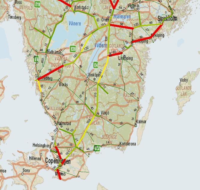 Analysen pekar på en ökning av transportarbetet på järnväg med 1.4 miljarder tonkilometer, samtidigt som väg och sjöfart minskar med 0.8 respektive 0.5 miljarder tonkilometer. Fig 3.