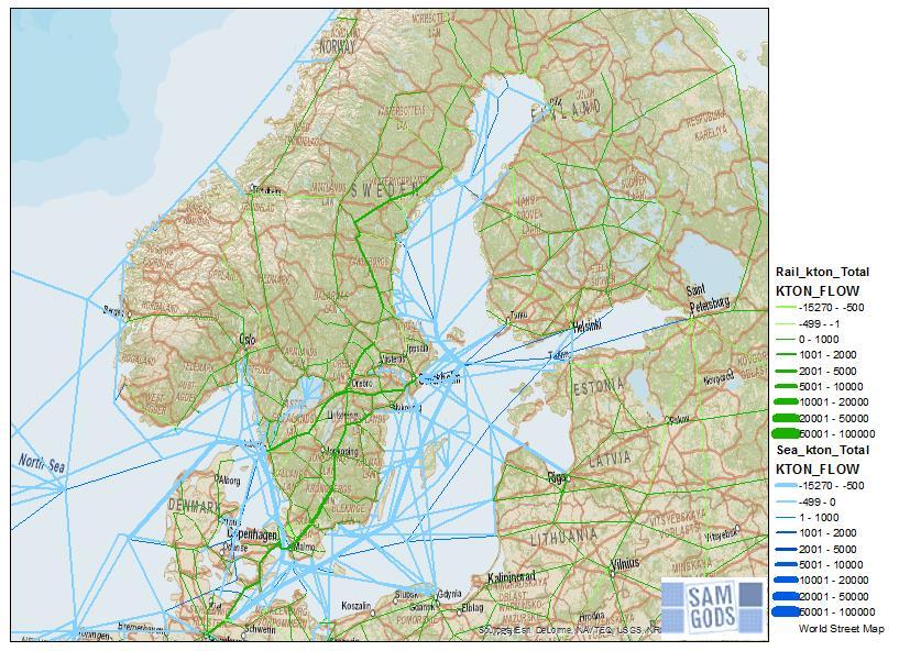 Fig 4.2 Volymförändringar med längre tåg på TEN-T-nätet, jämfört med Huvudscenariot för 2040.