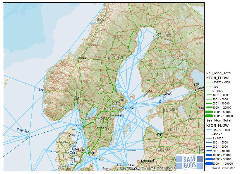 Fig 5.2 Volymförändringar med längre tåg på utökat nät (TEN-nätet inklusive bibanorna), jämfört med Huvudscenariot för 2040.