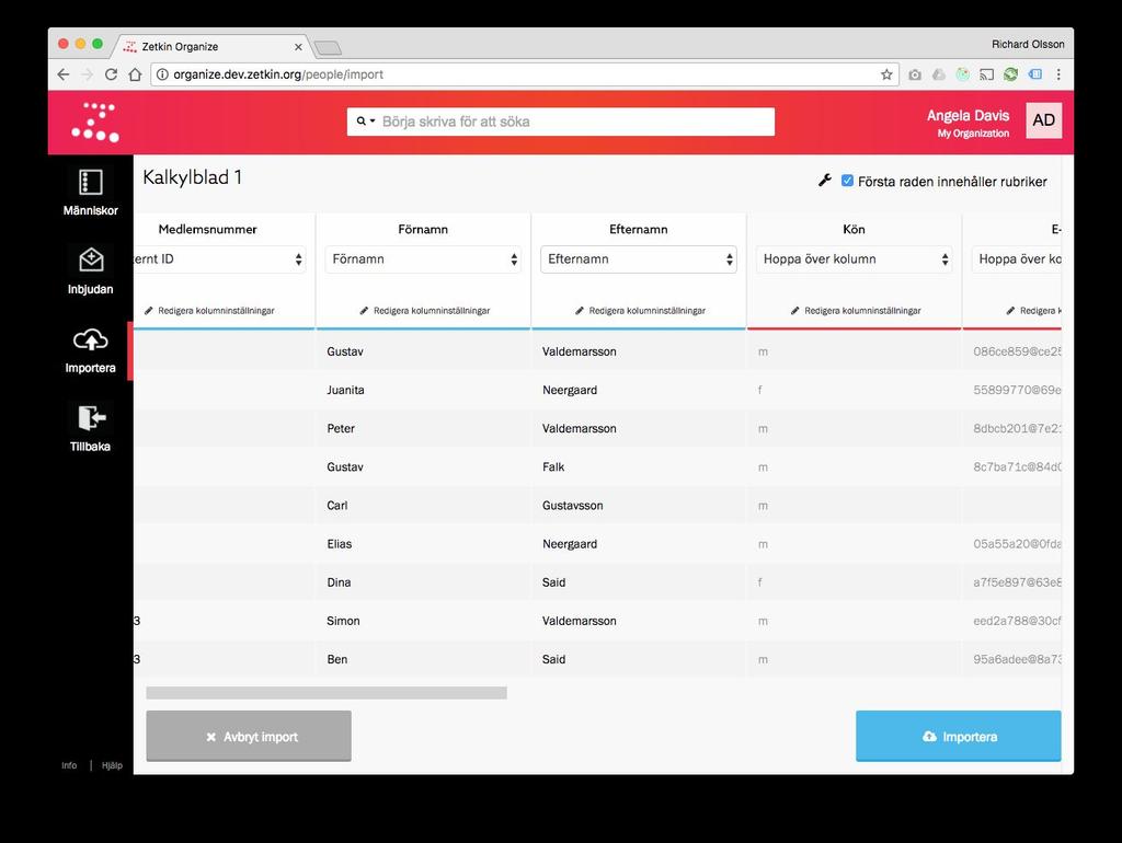 Importera register till Zetkin Ladda in Excel-filer med personer Välj vilka fält