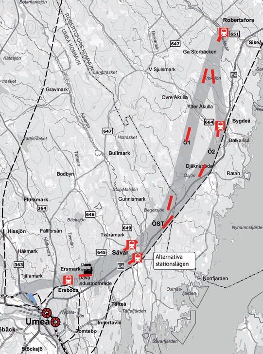 Alternativ Öst möjliggör med kvarvarande korridorer ett resecentrum i Sävar där det östliga utformningsalternativet (Ö2) även ger möjlighet till en framtida hållplats i Bygdeå.