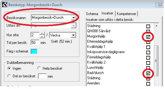 Om brukaren vill ha sin duschhjälp samtidigt som sin morgonhjälp lägger man ihop dessa besök under besöksnamnet Morgonbesök + Dusch och kopplar då ihop båda insatserna Morgonhjälp och Bad/dusch under