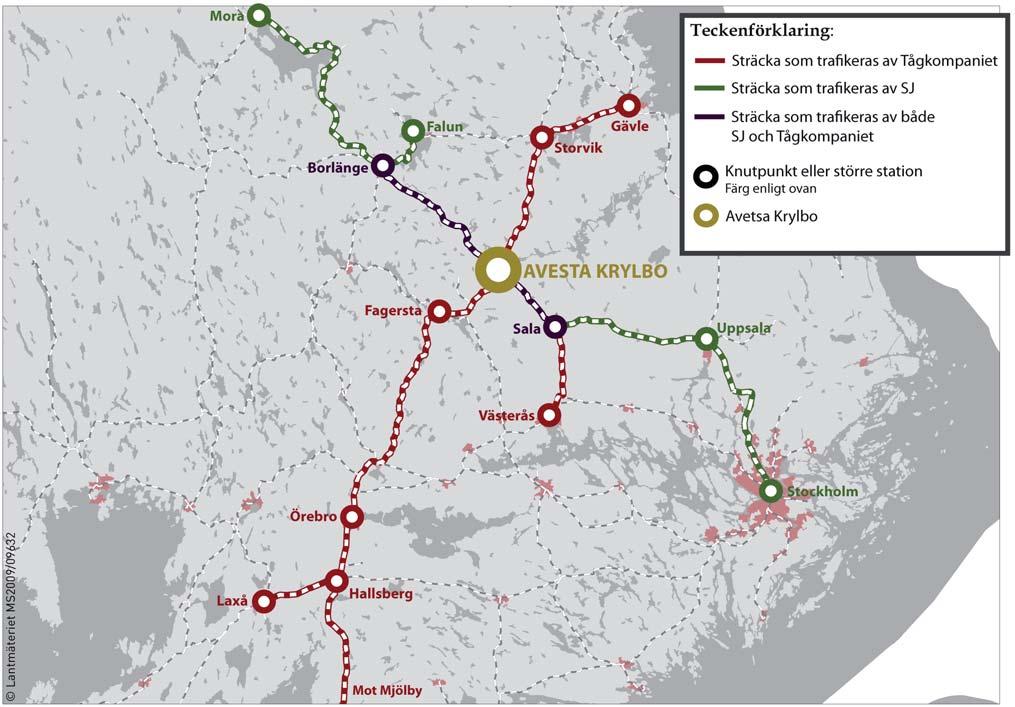 Karta 2.1 Visar persontrafiken genom Avesta Krylbo uppdelat på operatörer SJ AB kör idag ett tåg varannan timme, i högtrafik (morgon och sen eftermiddag) går tågen med entimmes trafik.