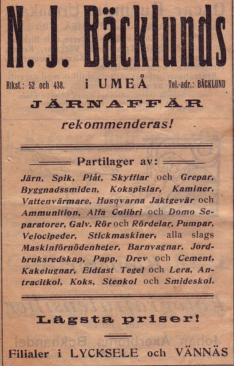 12 Bäcklunds N. J., Järnaffär nuv. Domus Storgatan 51 Tel.
