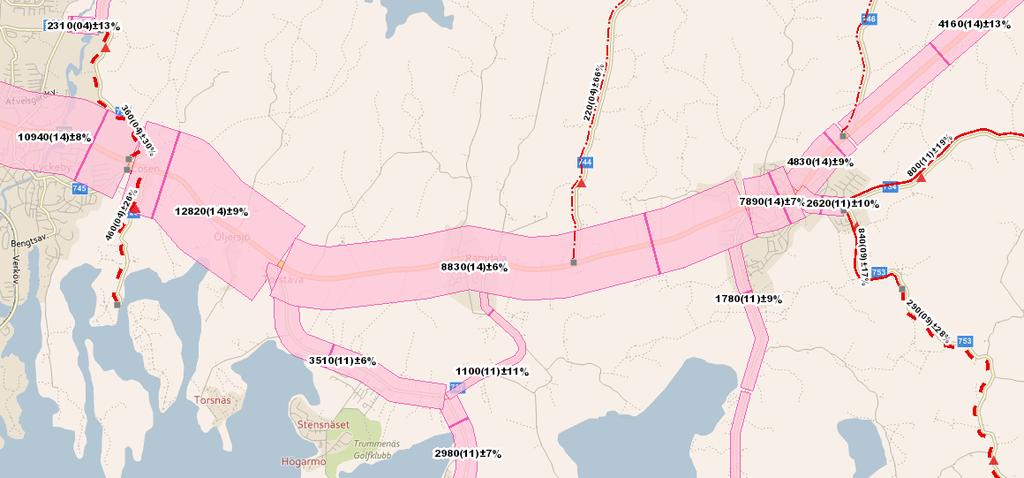 4160 Lösen Jämjö 10940 4830 12820 Ramdala Torstäva 8830 7890 3640 1100 Uppmätt total trafik år 2014 på E22 (antal fordon/dygn, ÅDT).