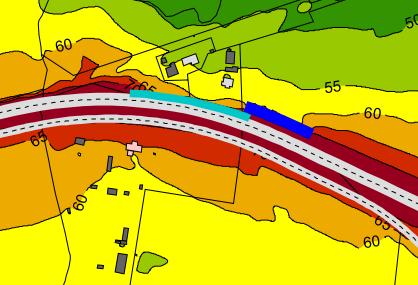 Denna åtgärd ger en ljudnivå under 55 dba för den västra fastigheten och en ljudnivå under 60 dba på första våningen för den östra fastigheten.