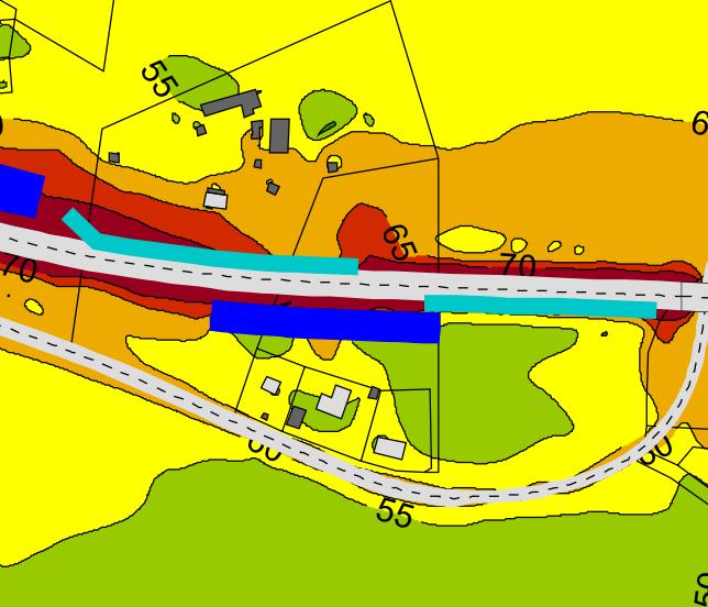 För fastigheterna söder om E22 i östra Lindås förslås en 4 m hög och ca 140 m lång vall kompletterat med en 1,5 m hög och ca 140 m lång skärm för att sänka ljudnivån till 55 dba.