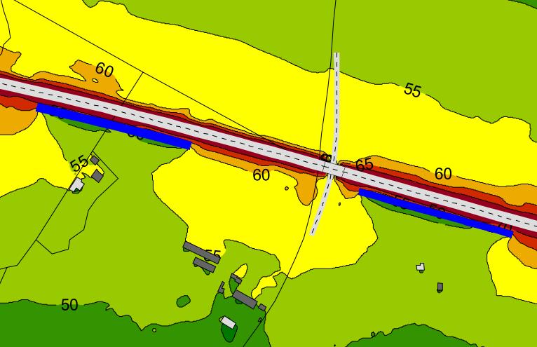 Bossava För att sänka ljudnivån vid den västra fastigheten söder om vägen föreslås en 2 m hög och ca 200 m lång vall. Ljudnivån vid fasad är då beräknad till 55 dba på första våningen.