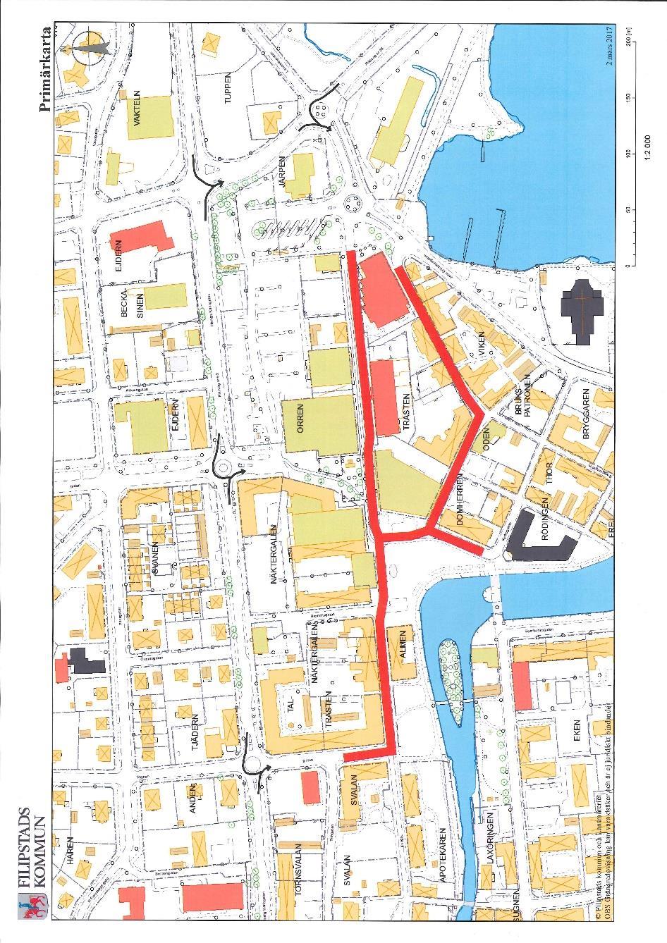 Fastighetsägare i centrumkärnan, finns lättillgängliga i kommunens fastighetsägarregister. Röd markering visar flödet av människor i Centrumkärnan.