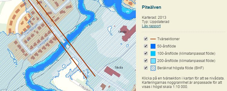 Figur 3. 50-, 100-, 200-årsflöde samt beräknat högsta flöde för del av Piteälven. Planområdet inringat med rött. (Källa: Översvämningskarteringar, Myndigheten för samhällsskydd och beredskap, www.msb.