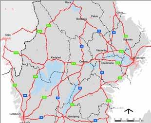 Figur 7. Nationella stamvägar i Mellansverige. E16 är europaväg och nationell stamväg som förbinder riksgränsen vid Torsby med Gävle via Borlänge.