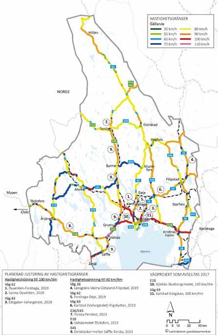 Figur 14. Hastighetsgränser 2017 samt föreslagna förändringar 2019 och 2023.