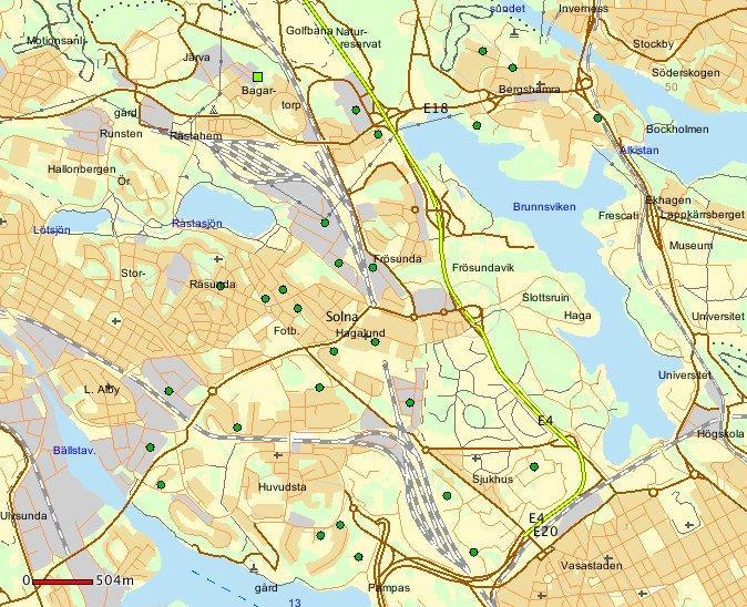 Solna stad - Stöld ur eller från bil, april 2017. Teckenförklaring: En grön prick = 1 brott, en grön fyrkant = 2-5 brott.