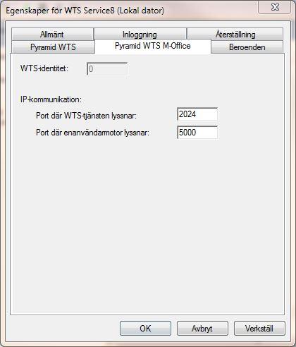 Första fliken, Pyramid WTS, visar en del av de inställningar som gjorts under installation. Andra fliken, Pyramid WTS M-Office, visar övriga inställningar.