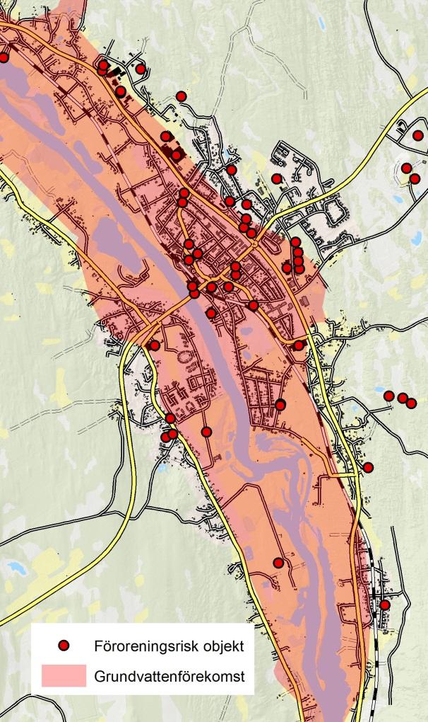 Kartbilden visar de centrala delarna av Malungs tätort. Malungsåsens grundvattenmagasin har är betecknats som grundvattenförekomst.