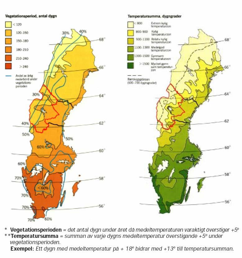 45 (81) Normalt är vegetationsperioden 150 165 dygn i länet, men för skogsmarker i högre lägen avtar den successivt till ca 130 dygn.