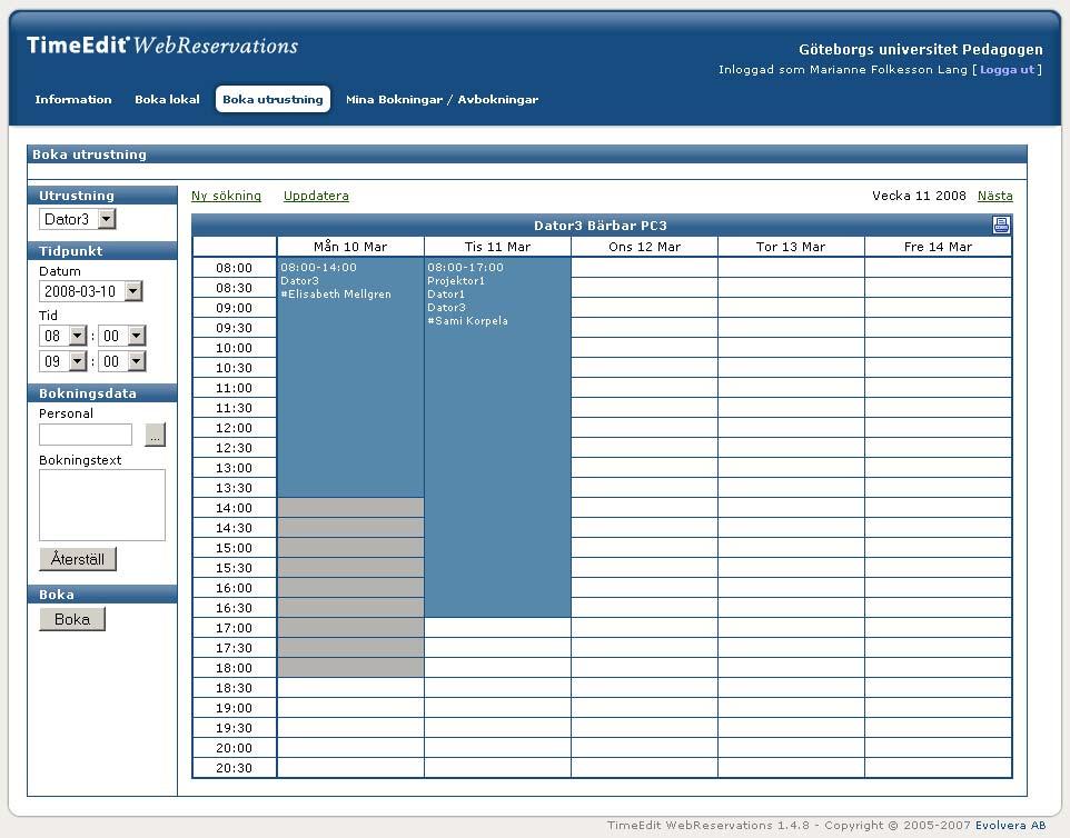 Ex: 2007-09-24 kl 13:00-16:00 Personal: Ej obligatoriskt Bokningstext: Här skriver du namnet på den som ska hämta ut och ansvara för utrustningen. Klicka på boka och bokningen utförs.