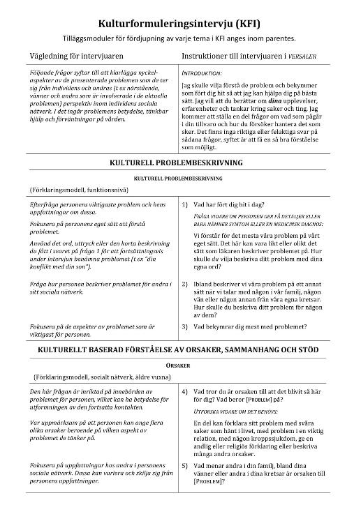 DSM-5 Kulturformulerings-intervju (KFI) Kulturformuleringsintervjun (KFI) är ett praktiskt intervjustöd som är tänkt att underlätta möjligheterna till förståelse av intervjupersonens kulturellt