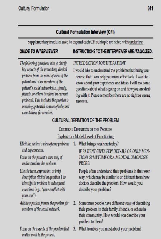 Kulturformuleringsintervjun i DSM-5 En intervju med 16 frågor, Stöd i psykiatrisk diagnostik, klinisk förståelse och behandlingsplanering En intervju för informanter, t ex anhöriga