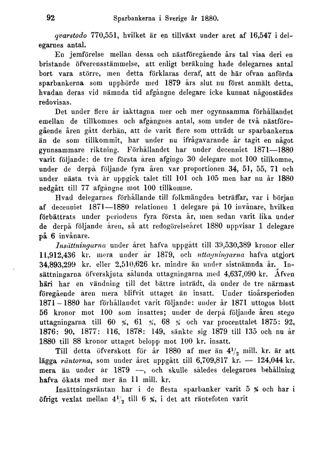 92 Sparbankerna i Sverige år 1880. qvarstodo 770,551, hvilket är en tillväxt under aret af 16,547 i delegarnes antal.