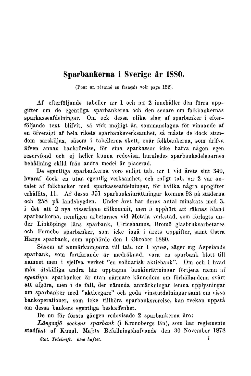 Sparbankerna i Sverige år 1880. (Pour un résumé en français voir page 152).
