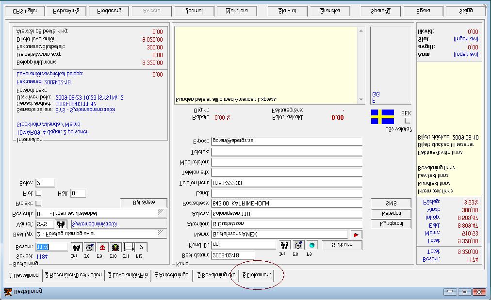 Resebyrå-modulen: Skapa/Visa dokumentlogg När man tar fram en beställning finns det en ny flik som heter Dokument.