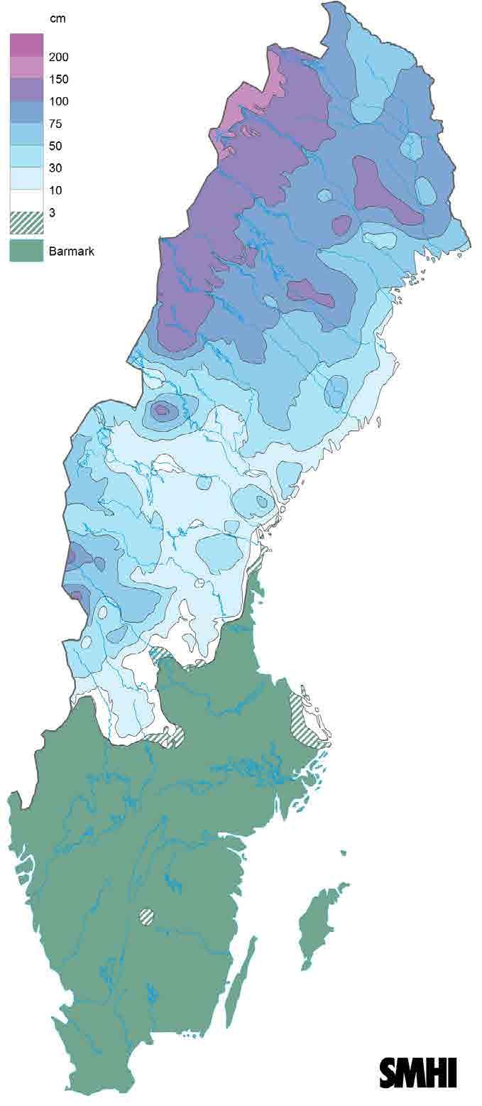 I slutet av mars var snödjupet 1-3 cm närmast kusten och knappt en halvmeter några mil innanför kusten (figur 2).