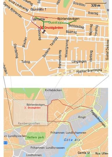 Vägen till Druidgården finner Du i kartorna nedan: Det finns busshållplatserna 22, 25 & 31 på Björlandavägen samt 34 på