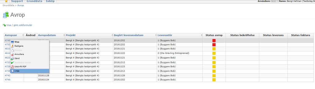 4.2 Se alla händelser på ett avrop.