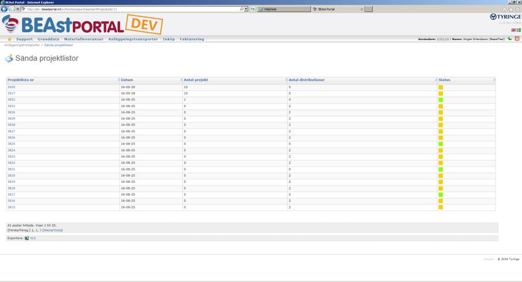 2.3 Skickade projektlistor. Alla projekt som man valt att ingå i distribution av projektlista kommer automatiskt att sändas till alla leverantörer som definierats som mottagare av projektlistor.