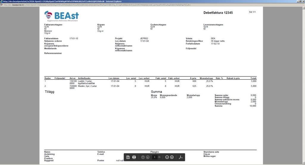 2.12.1 Utskrift av faktura. Du kan begära utskrift av en faktura antingen via högermusen i listan eller knappen i detaljbilden.