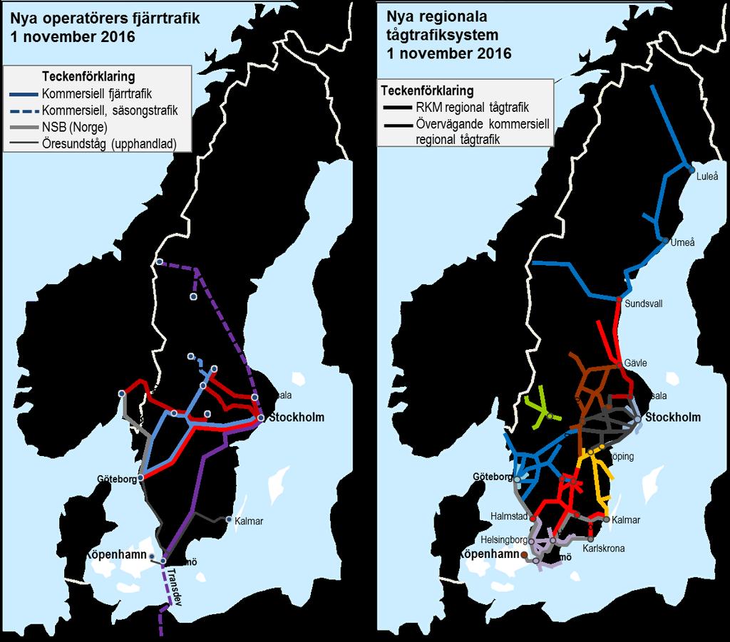 14 Figur 7: Ny interregional tågtrafik som etablerats sedan 2009 som konkurrerar och kompletterar SJ (t.v.) 