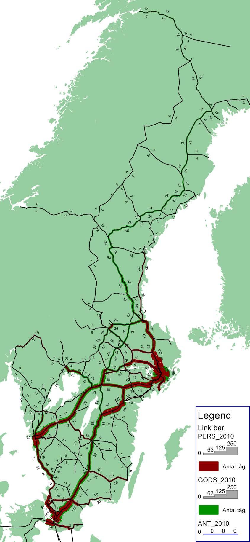 60 Figur 2.37: Totalt antal tåg per länk och riktning för järnvägsnätet i Sverige 2010.