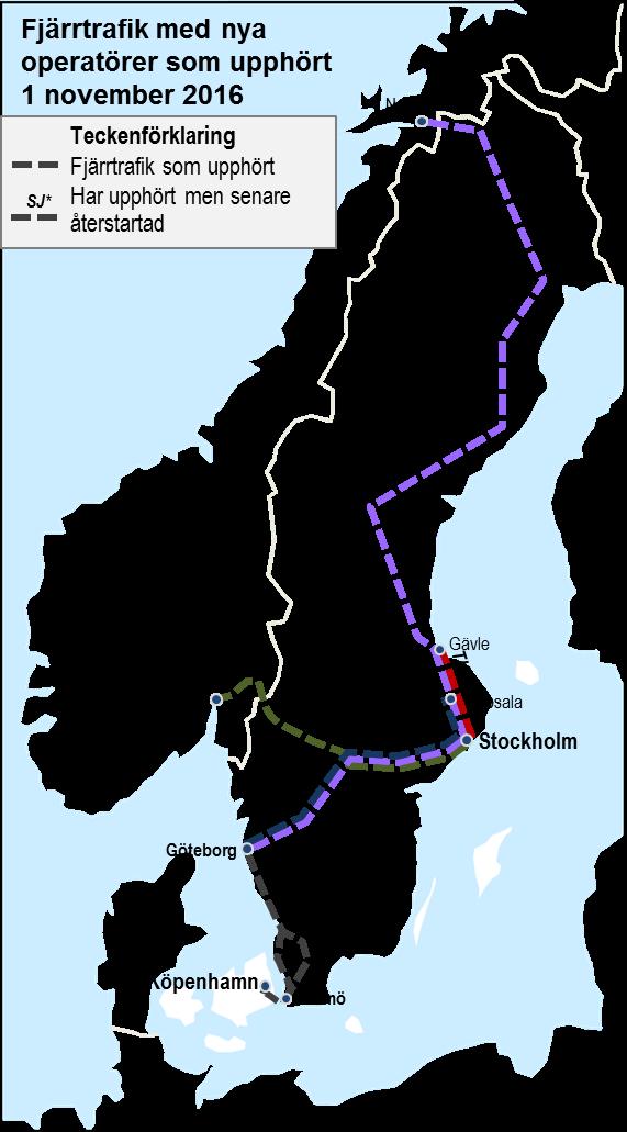 Figur 3.5: Konkurrerande interregional tågtrafik före 2016 som upphört.