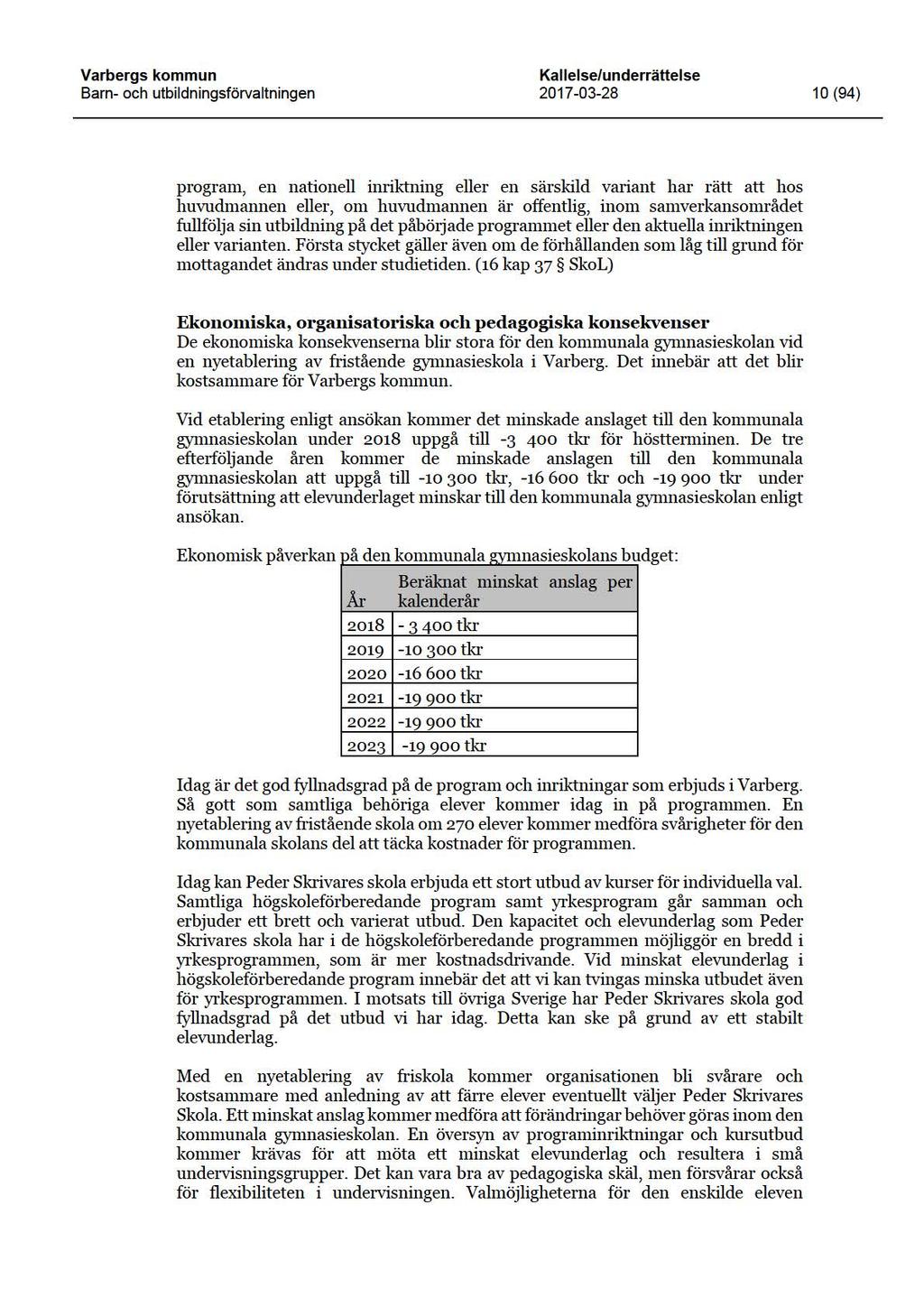 Varbergs kommun Barn- och utbildningsförvaltningen Kallelse/underrättelse 2017-03-28 10 (94) program, en nationell inriktning eller en särskild variant har rätt att hos huvudmannen eller, om