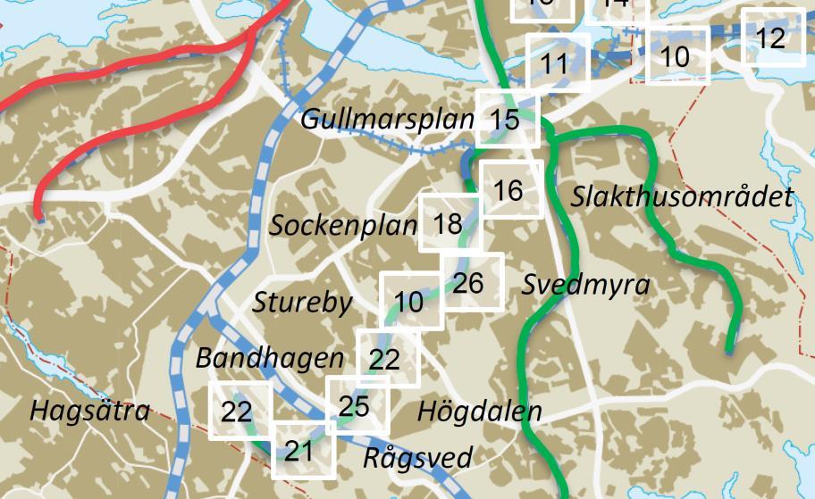 13 Måttet på det sammanvägda sociala kapitalet kan illustreras i följande graf, där det rödmarkerade strecken visar vilka värden som föreslagen tunnelbanesträckning binder samman. Fig.